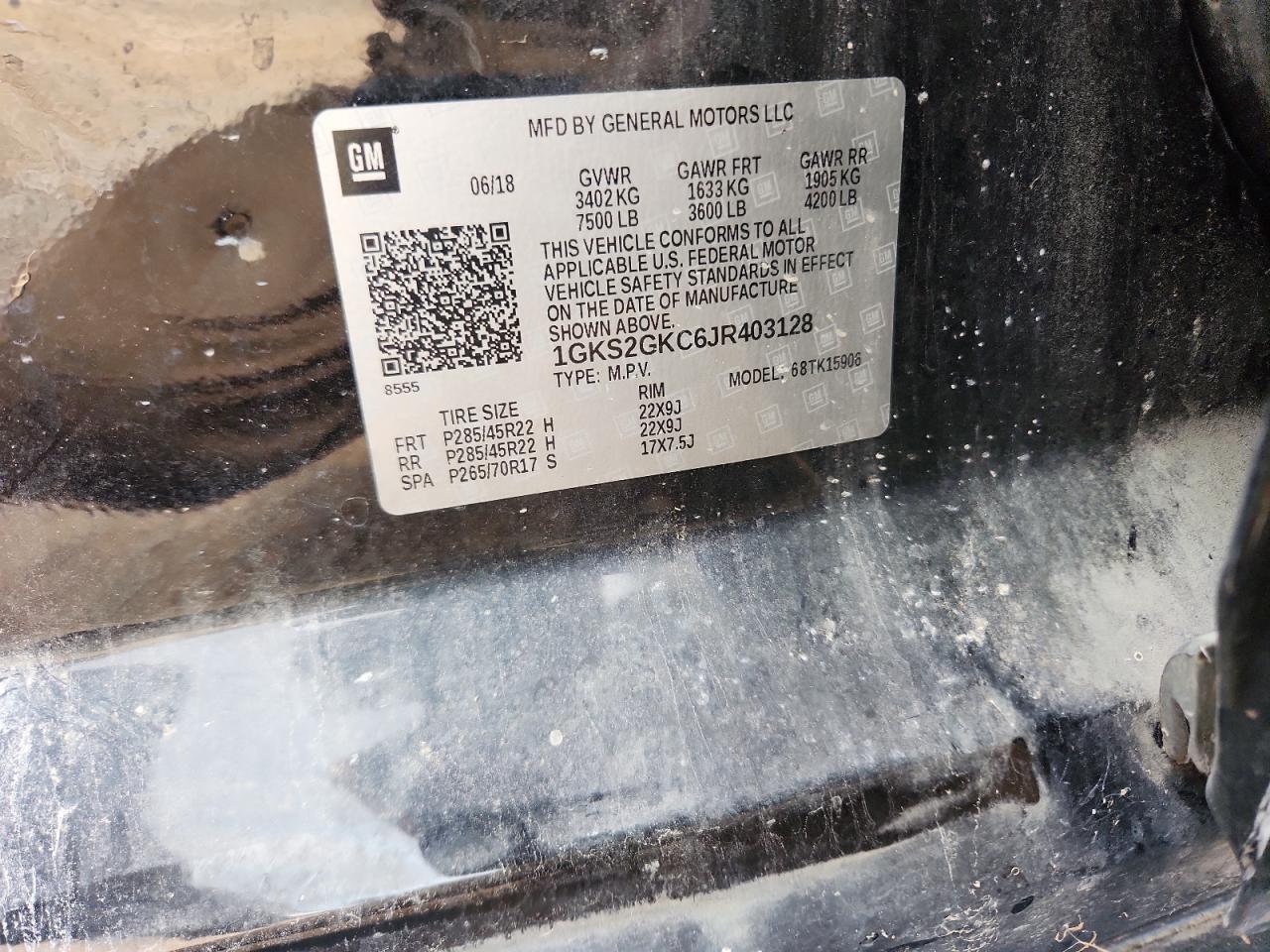 2018 GMC Yukon Xl K1500 Slt VIN: 1GKS2GKC6JR403128 Lot: 82597095