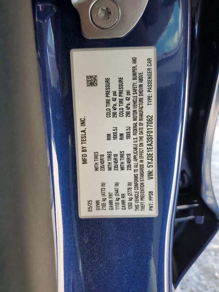 2025 Tesla Model 3 VIN: 5YJ3E1EA3SF017062 Lot: 87259135