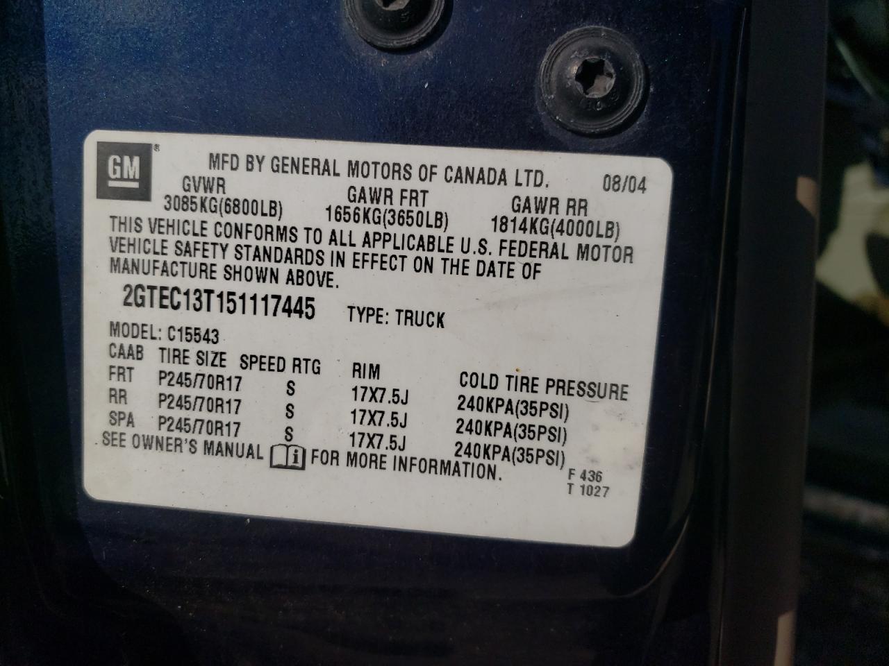 2005 GMC New Sierra VIN: 2GTEC13T51117445 Lot: 90513055
