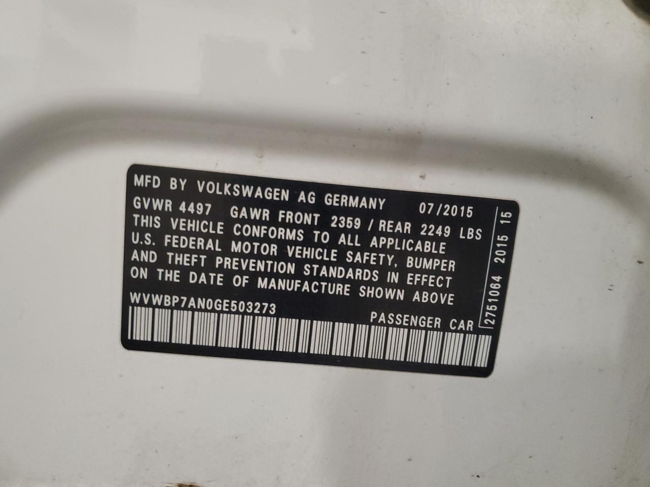 2016 Volkswagen Cc Base VIN: WVWBP7AN0GE503273 Lot: 89502105