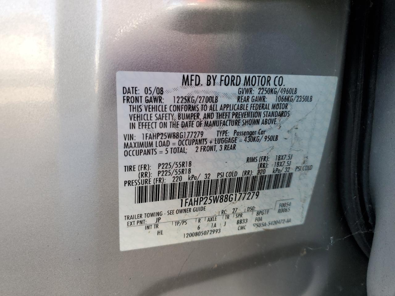 2008 Ford Taurus Limited VIN: 1FAHP25W88G177279 Lot: 82332435