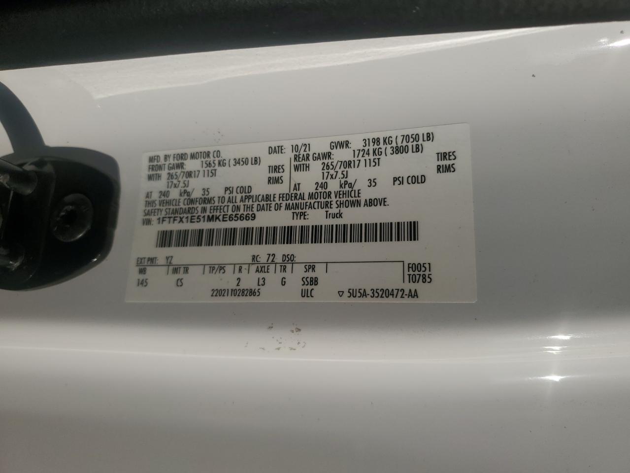 2021 Ford F150 Super Cab VIN: 1FTFX1E51MKE65669 Lot: 84970205