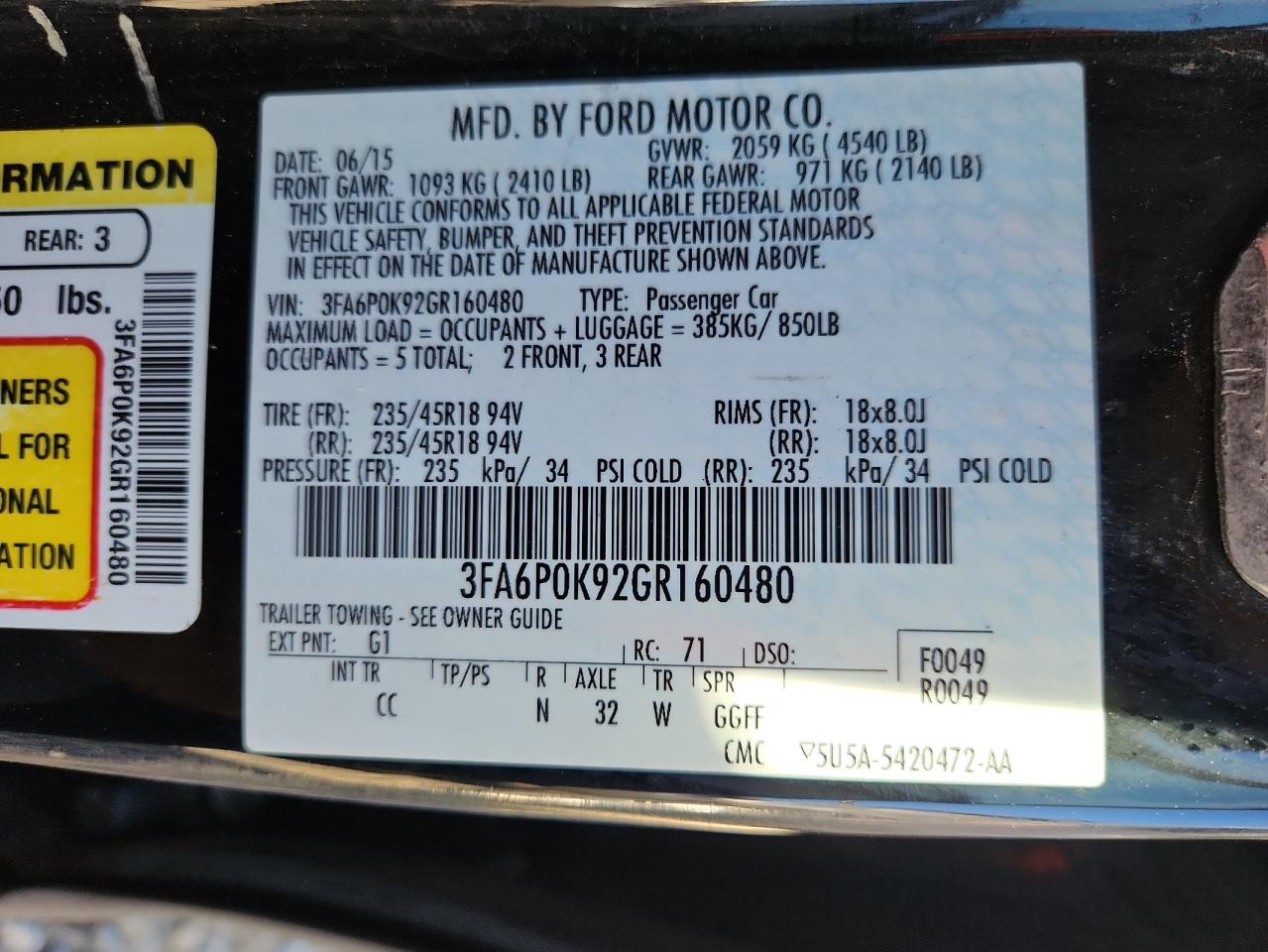 2016 Ford Fusion Titanium VIN: 3FA6P0K92GR160480 Lot: 87106035