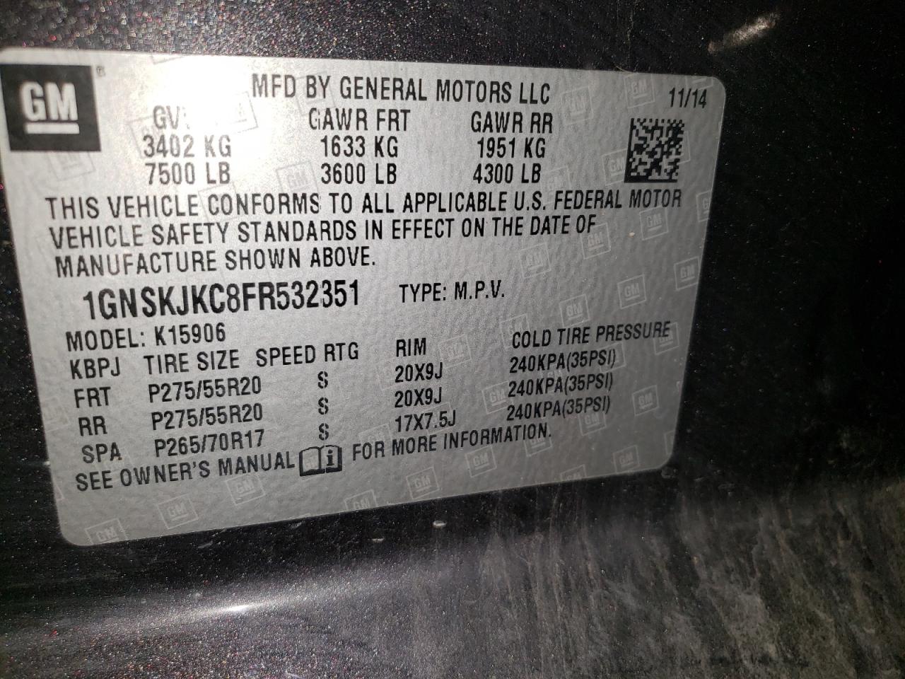 2015 Chevrolet Suburban K1500 Lt VIN: 1GNSKJKC8FR532351 Lot: 84644825