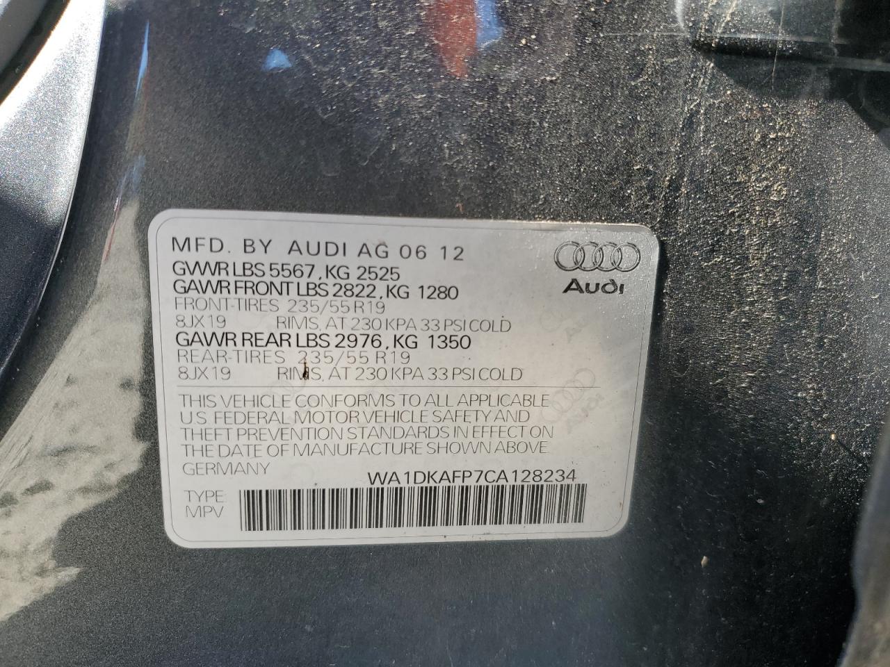 2012 Audi Q5 Premium Plus VIN: WA1DKAFP7CA128234 Lot: 86073775