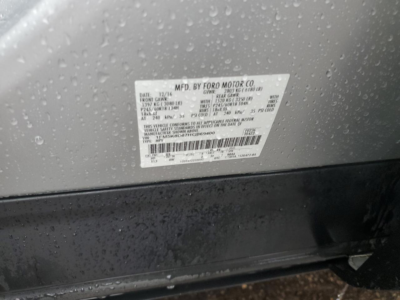 2017 Ford Explorer Xlt VIN: 1FM5K8D87HGB69400 Lot: 84946375