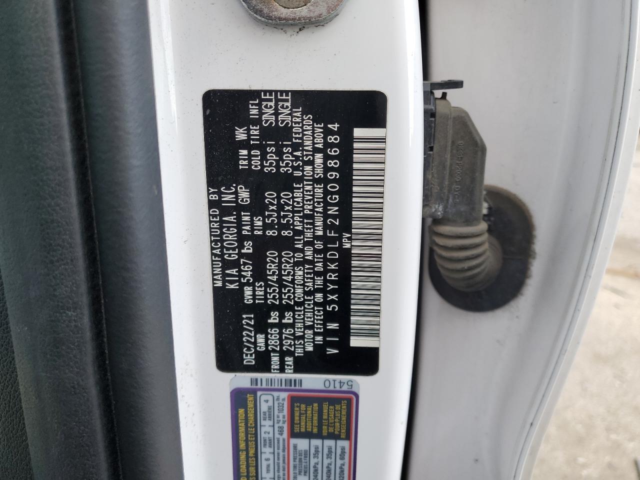 2022 Kia Sorento Sx VIN: 5XYRKDLF2NG098684 Lot: 89819665