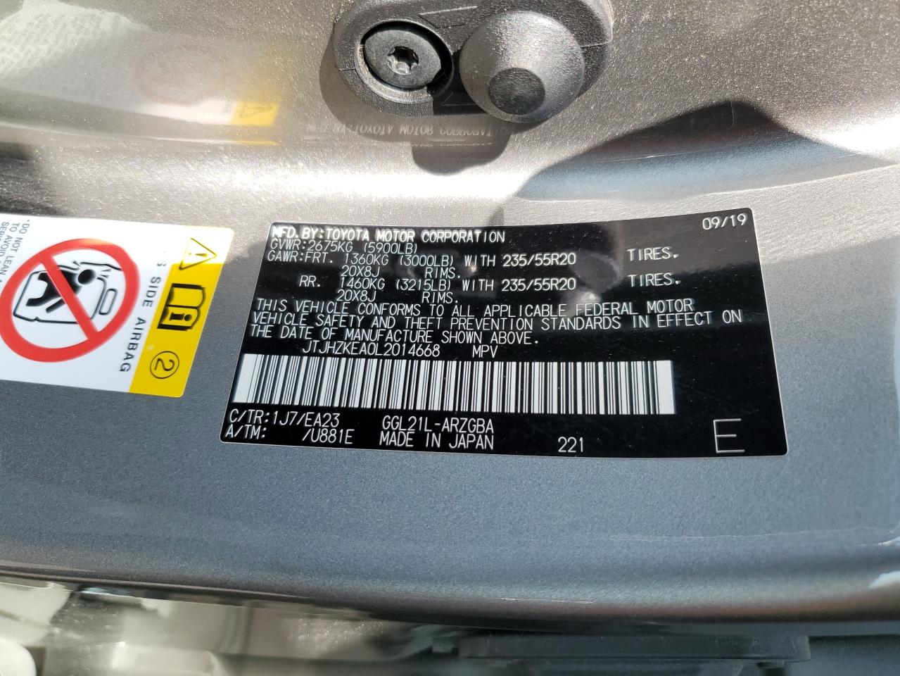 2020 Lexus Rx 350 L VIN: JTJHZKEA0L2014668 Lot: 85531695