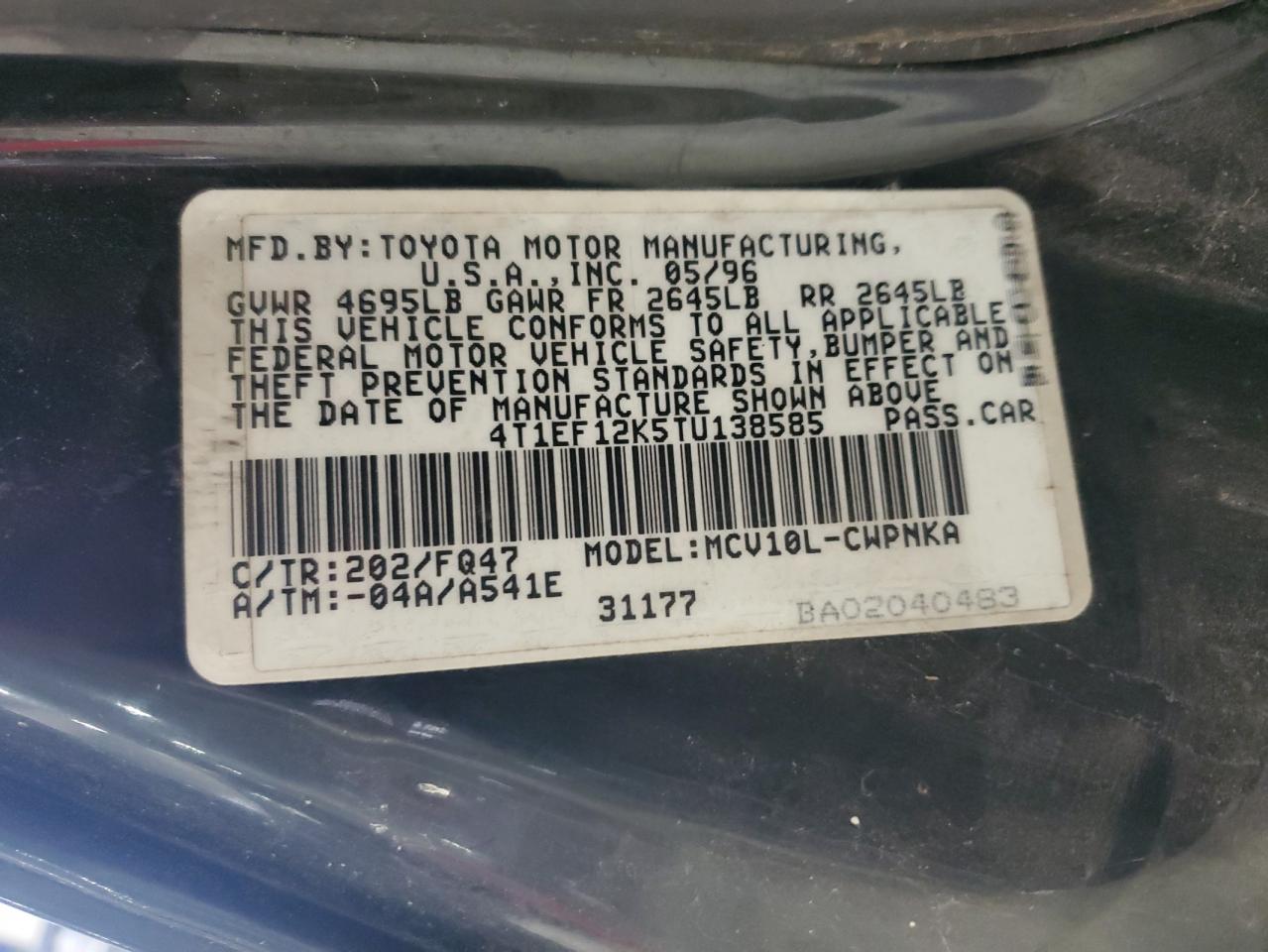 1996 Toyota Camry Le VIN: 4T1EF12K5TU138585 Lot: 86094005