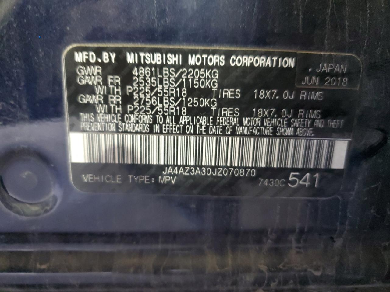 2018 Mitsubishi Outlander Se VIN: JA4AZ3A30JZ070870 Lot: 84548415