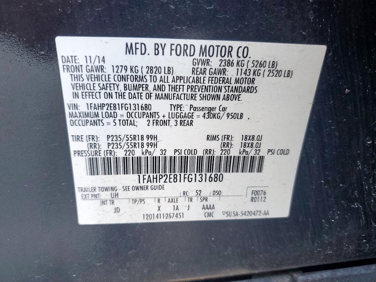 2015 Ford Taurus Sel VIN: 1FAHP2E81FG131680 Lot: 90516795