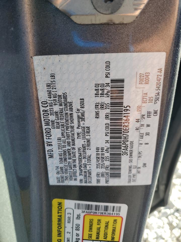 2014 Ford Fusion Se VIN: 3FA6P0H70ER364195 Lot: 86118905