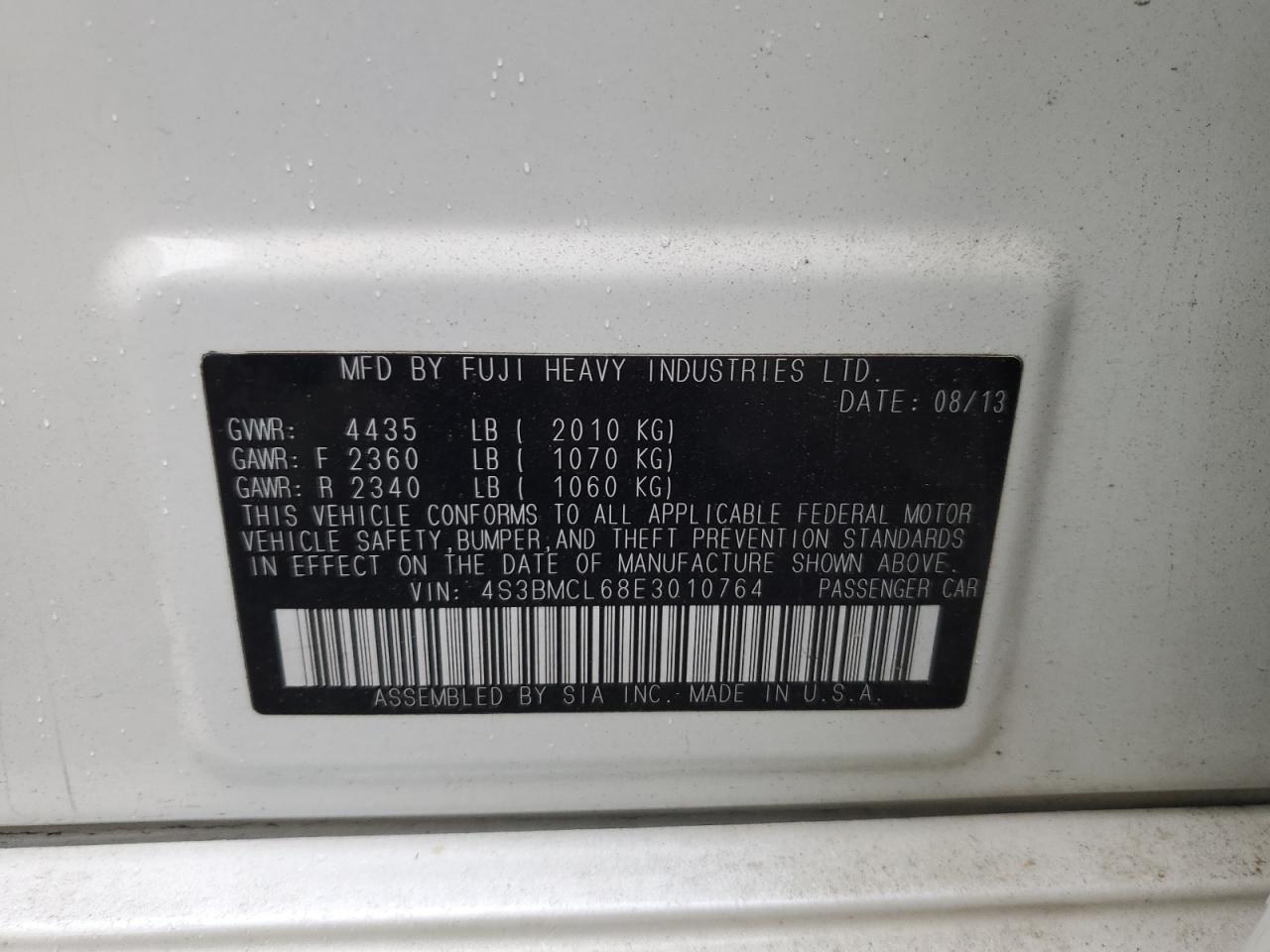 2014 Subaru Legacy 2.5I Limited VIN: 4S3BMCL68E3010764 Lot: 85517685