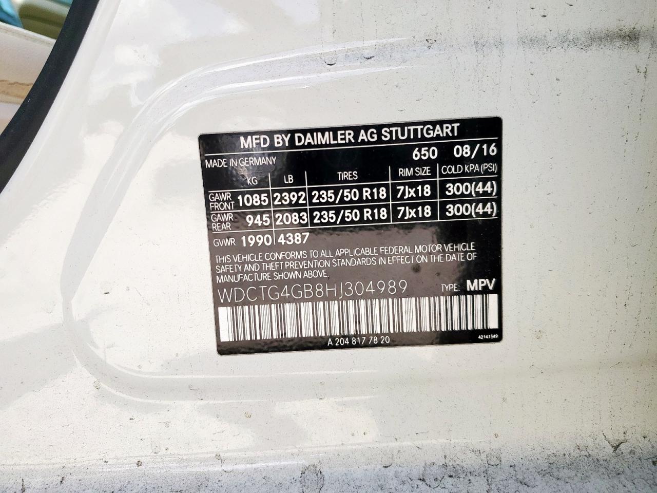 2017 Mercedes-Benz Gla 250 4Matic VIN: WDCTG4GB8HJ304989 Lot: 85533215