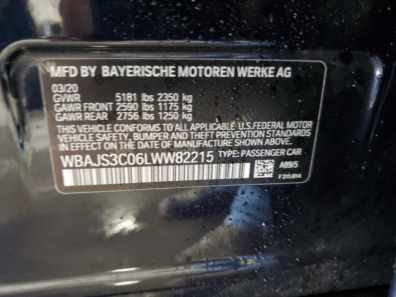 2020 BMW 540 Xi VIN: WBAJS3C06LWW82215 Lot: 85739055