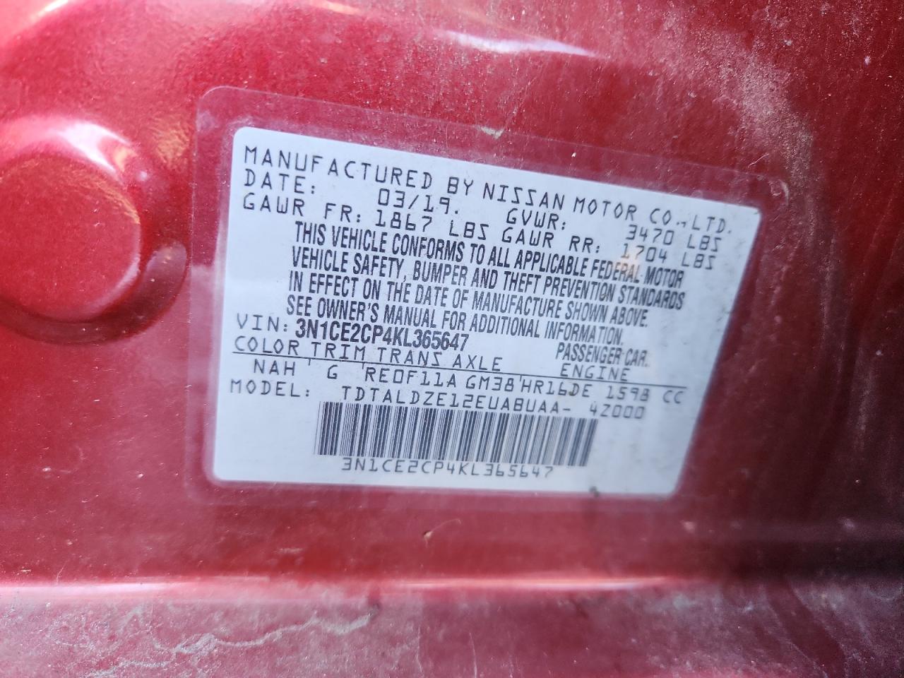 2019 Nissan Versa Note S VIN: 3N1CE2CP4KL365647 Lot: 85936985