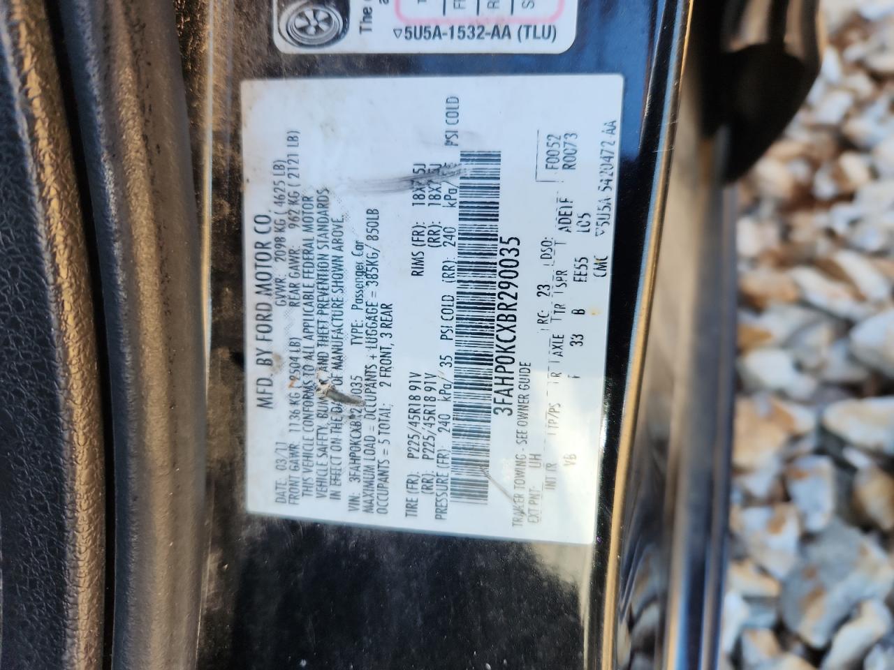 2011 Ford Fusion Sport VIN: 3FAHP0KCXBR290035 Lot: 87307885