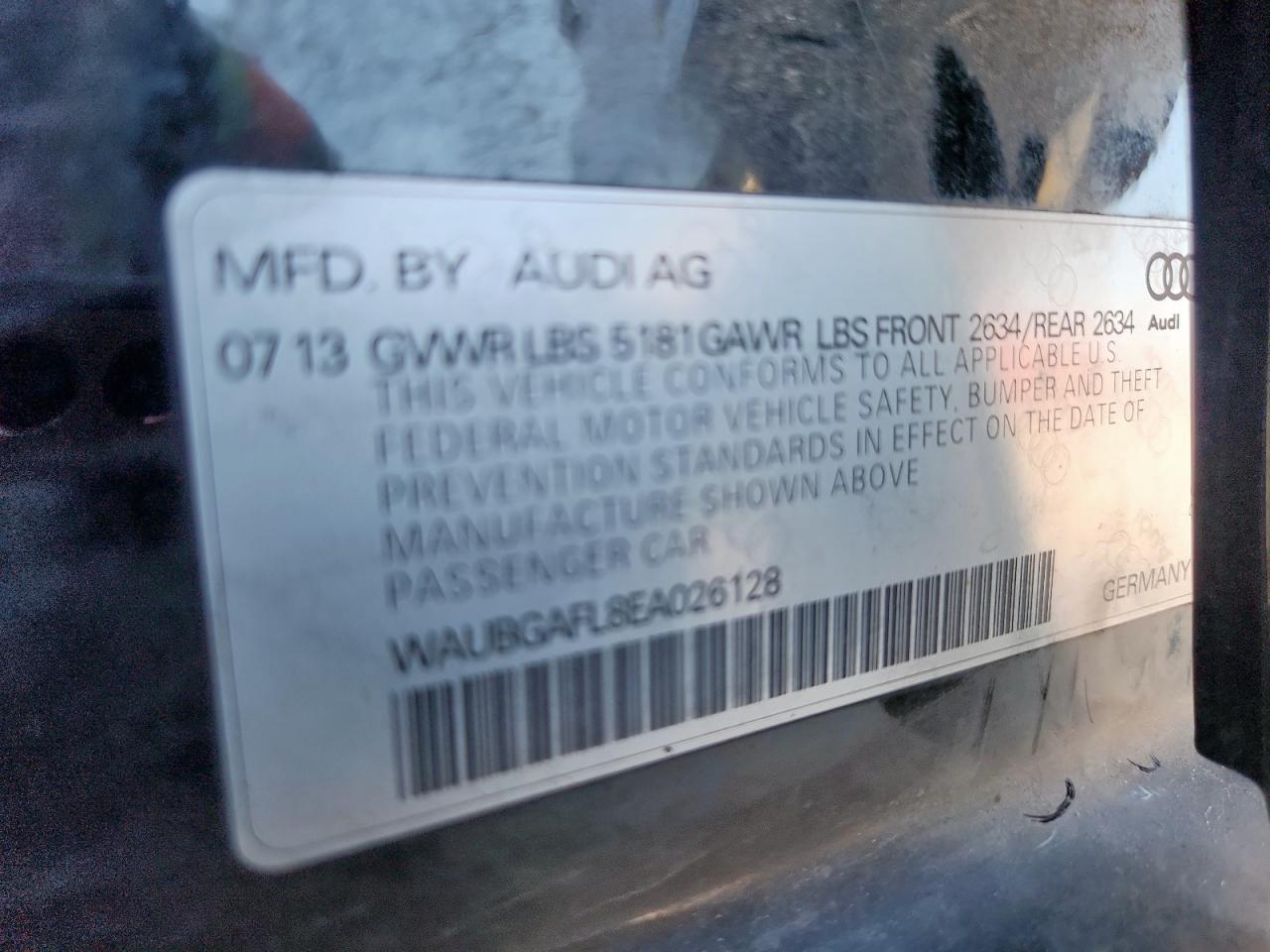 2014 Audi S4 Premium Plus VIN: WAUBGAFL8EA026128 Lot: 85844375