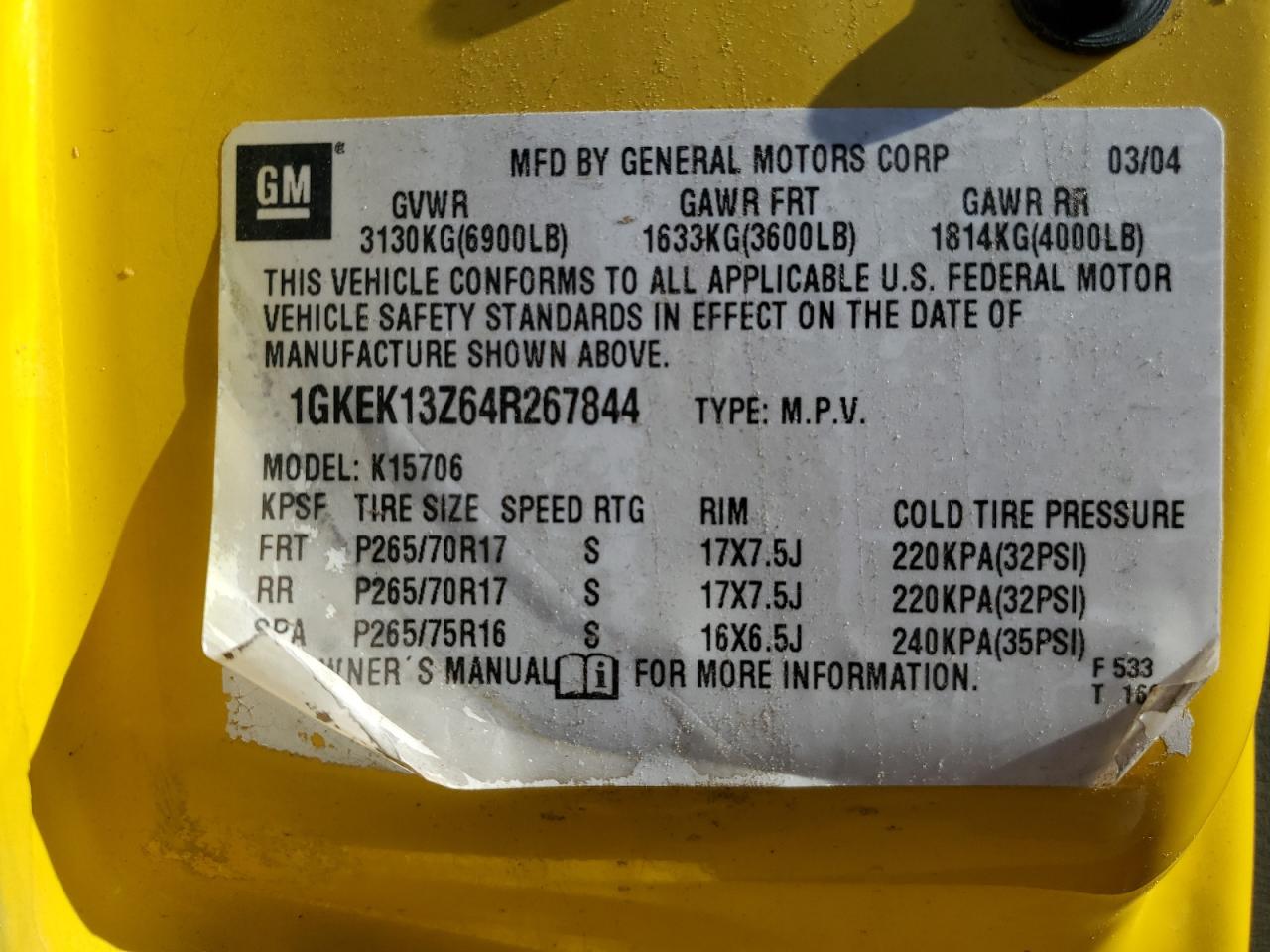 2004 GMC Yukon VIN: 1GKEK13Z64R267844 Lot: 90342685