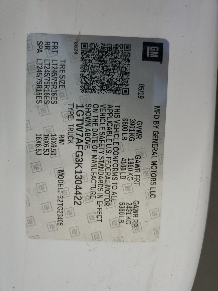 2019 GMC Savana G2500 VIN: 1GTW7AFG3K1304422 Lot: 89730395