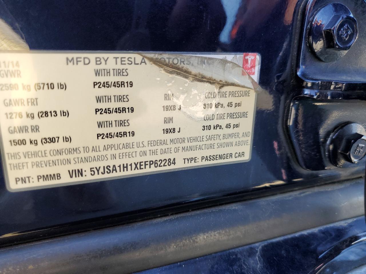 2014 Tesla Model S VIN: 5YJSA1H1XEFP62284 Lot: 84542705