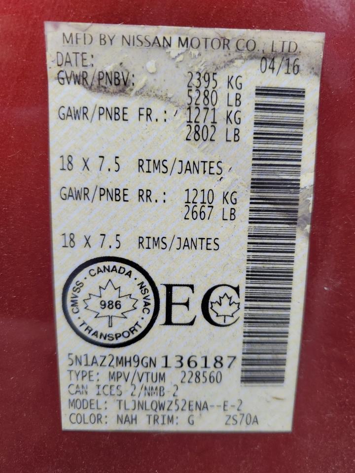 2016 Nissan Murano S VIN: 5N1AZ2MH9GN136187 Lot: 86480535