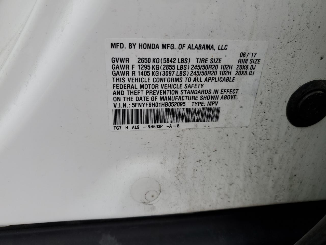 2017 Honda Pilot Elite VIN: 5FNYF6H01HB052095 Lot: 86552205