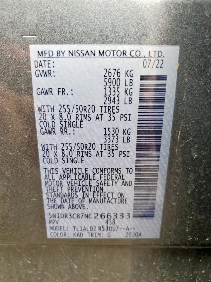 2022 Nissan Pathfinder Sl VIN: 5N1DR3CB7NC266333 Lot: 85302475