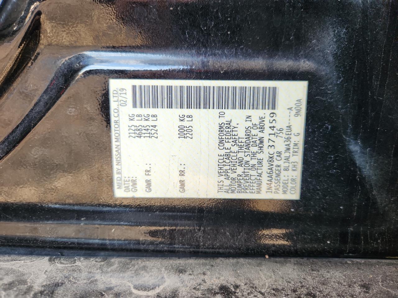 2019 Nissan Maxima S VIN: 1N4AA6AV8KC371459 Lot: 84975935