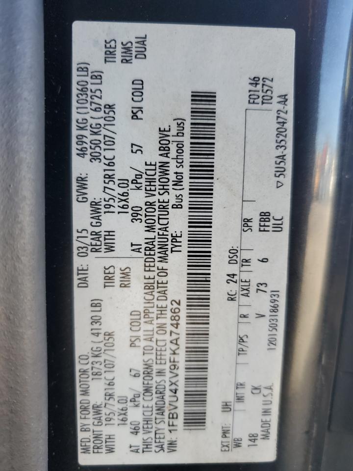 2015 Ford Transit Delivery Van VIN: 1FBVU4XV9FKA74862 Lot: 87049385