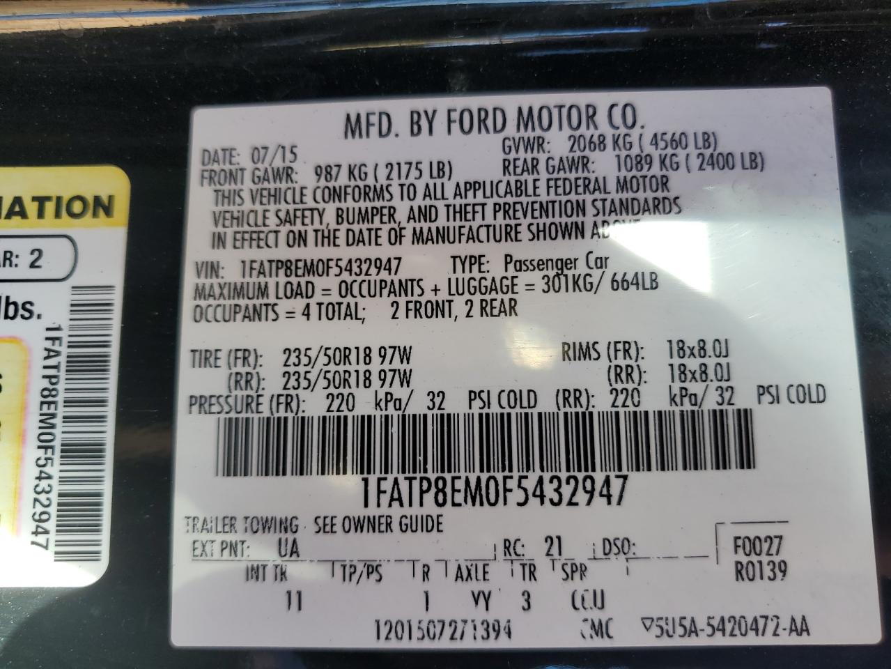 2015 Ford Mustang VIN: 1FATP8EM0F5432947 Lot: 86509875