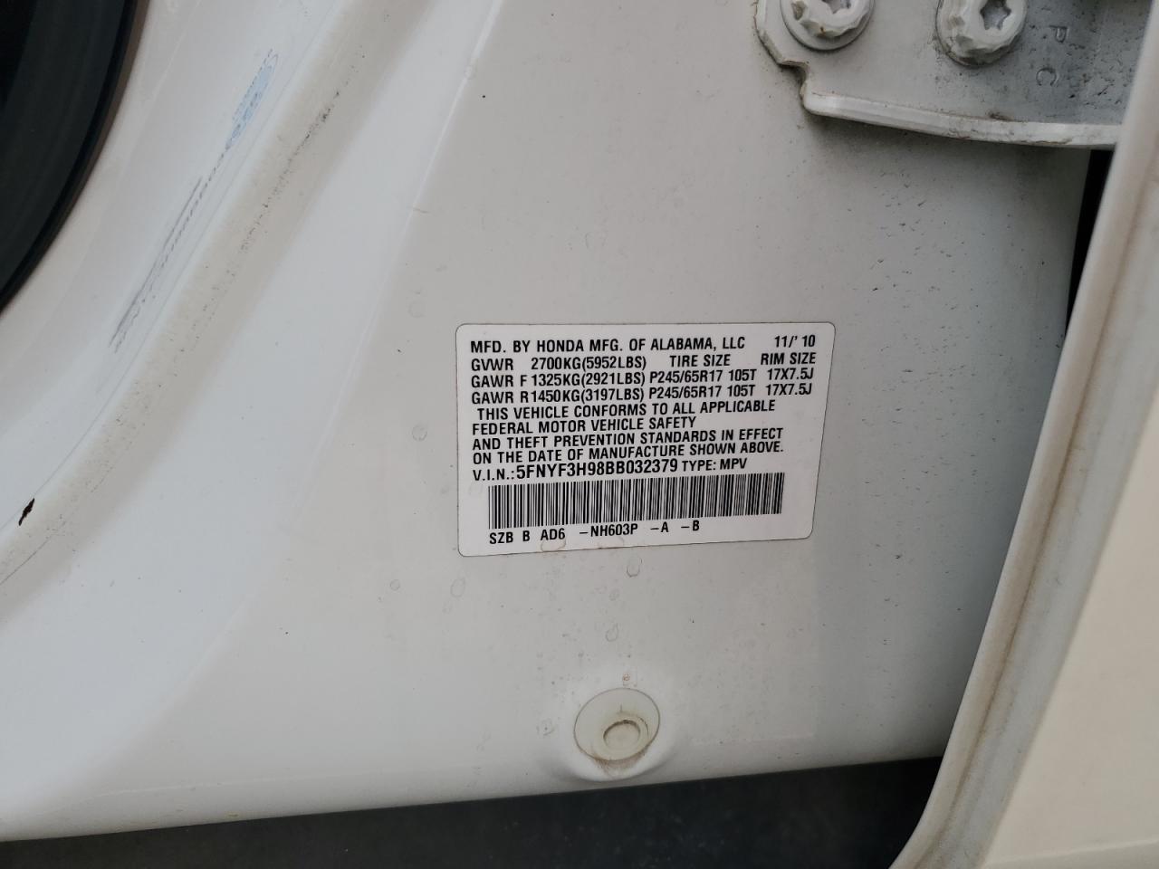 2011 Honda Pilot Touring VIN: 5FNYF3H98BB032379 Lot: 85824835