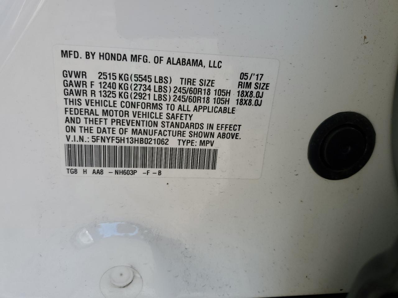 2017 Honda Pilot Lx VIN: 5FNYF5H13HB021062 Lot: 90552635