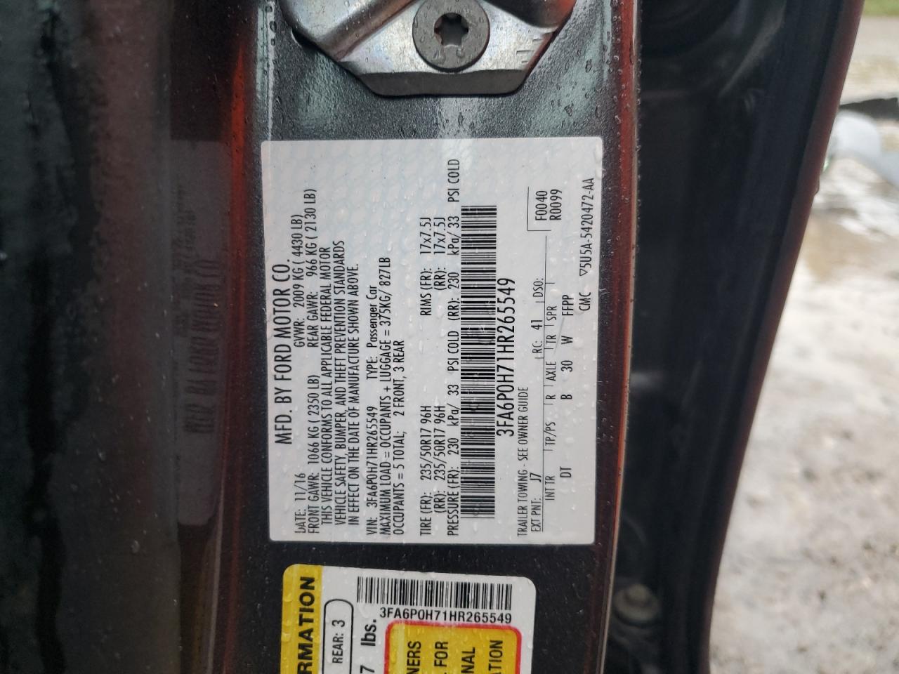 2017 Ford Fusion Se VIN: 3FA6P0H71HR265549 Lot: 84994125