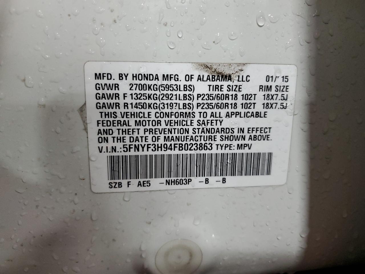 2015 Honda Pilot Touring VIN: 5FNYF3H94FB023863 Lot: 86240385