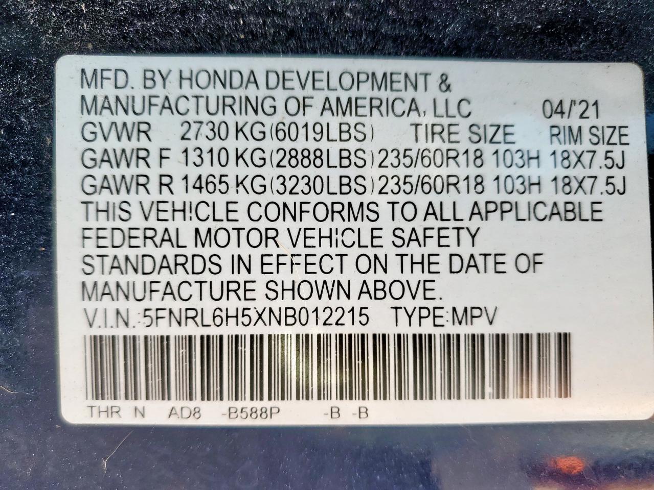 2022 Honda Odyssey Ex VIN: 5FNRL6H5XNB012215 Lot: 85287715