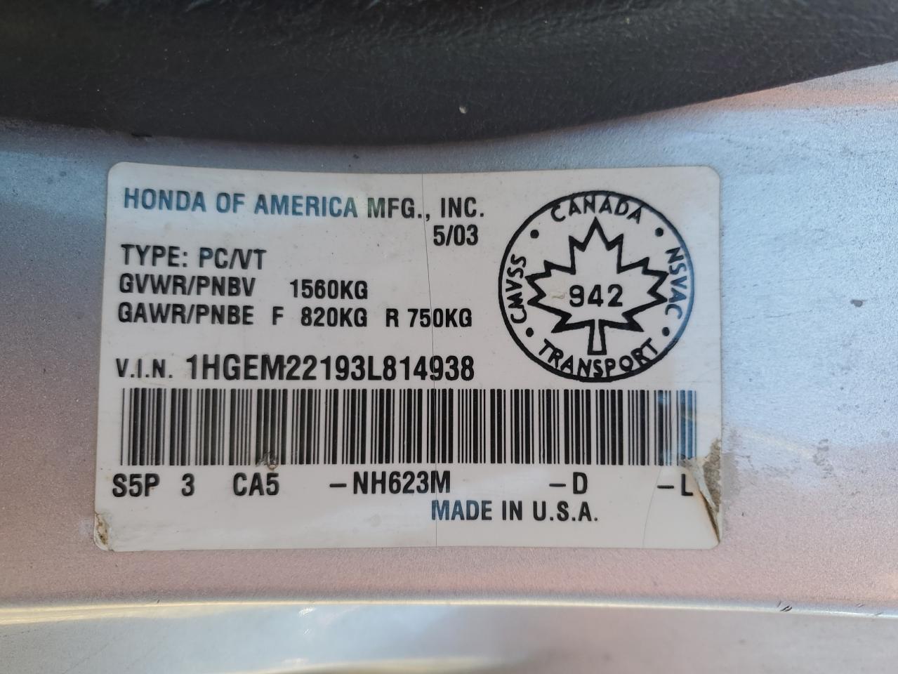 2003 Honda Civic Dx VIN: 1HGEM22193L814938 Lot: 89643185