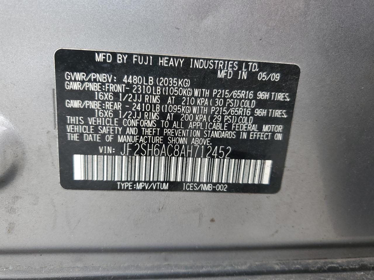 2010 Subaru Forester 2.5X VIN: JF2SH6AC8AH712452 Lot: 85720535