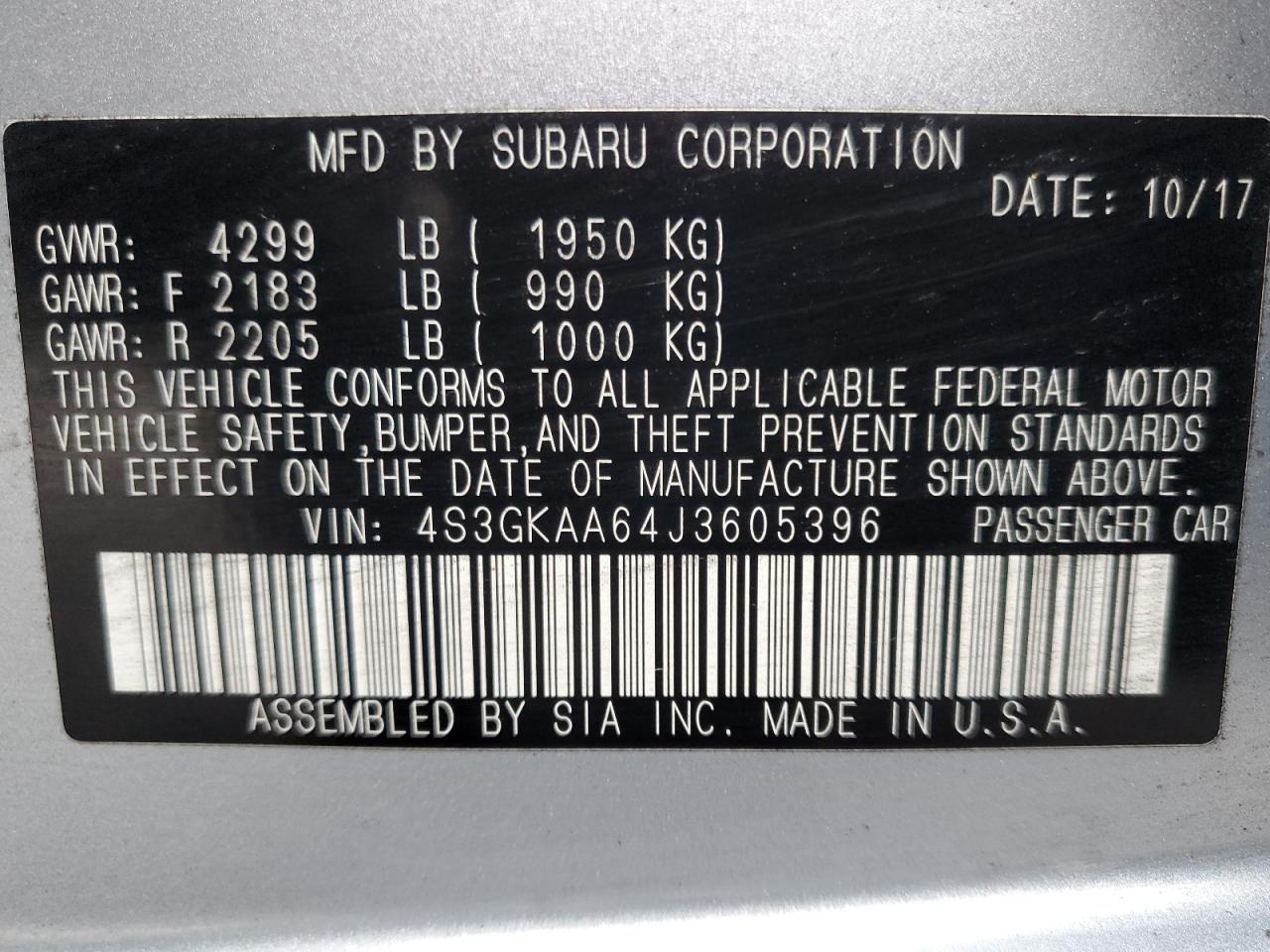 2018 Subaru Impreza VIN: 4S3GKAA64J3605396 Lot: 85005275