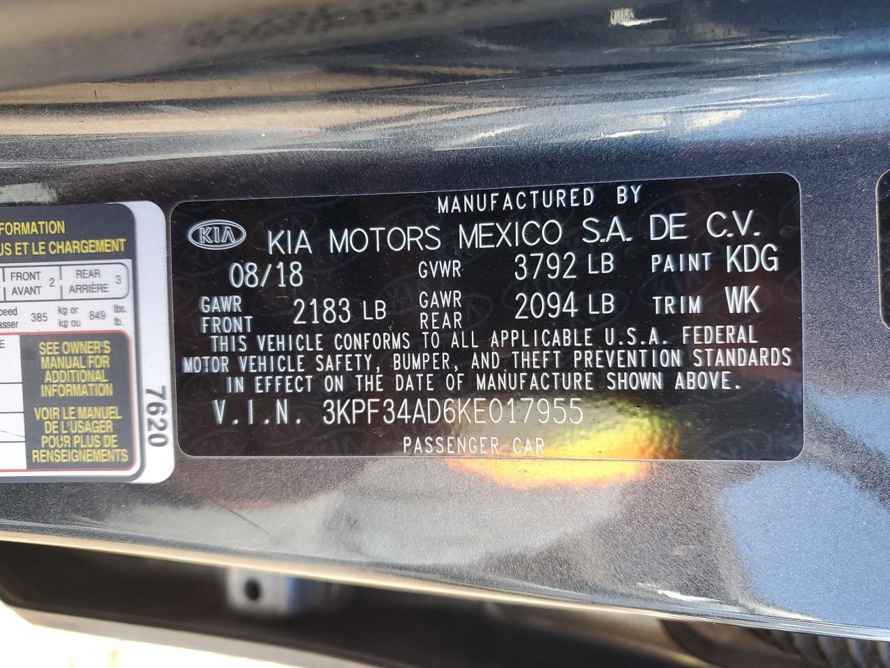 2019 Kia Forte Gt Line VIN: 3KPF34AD6KE017955 Lot: 86883565