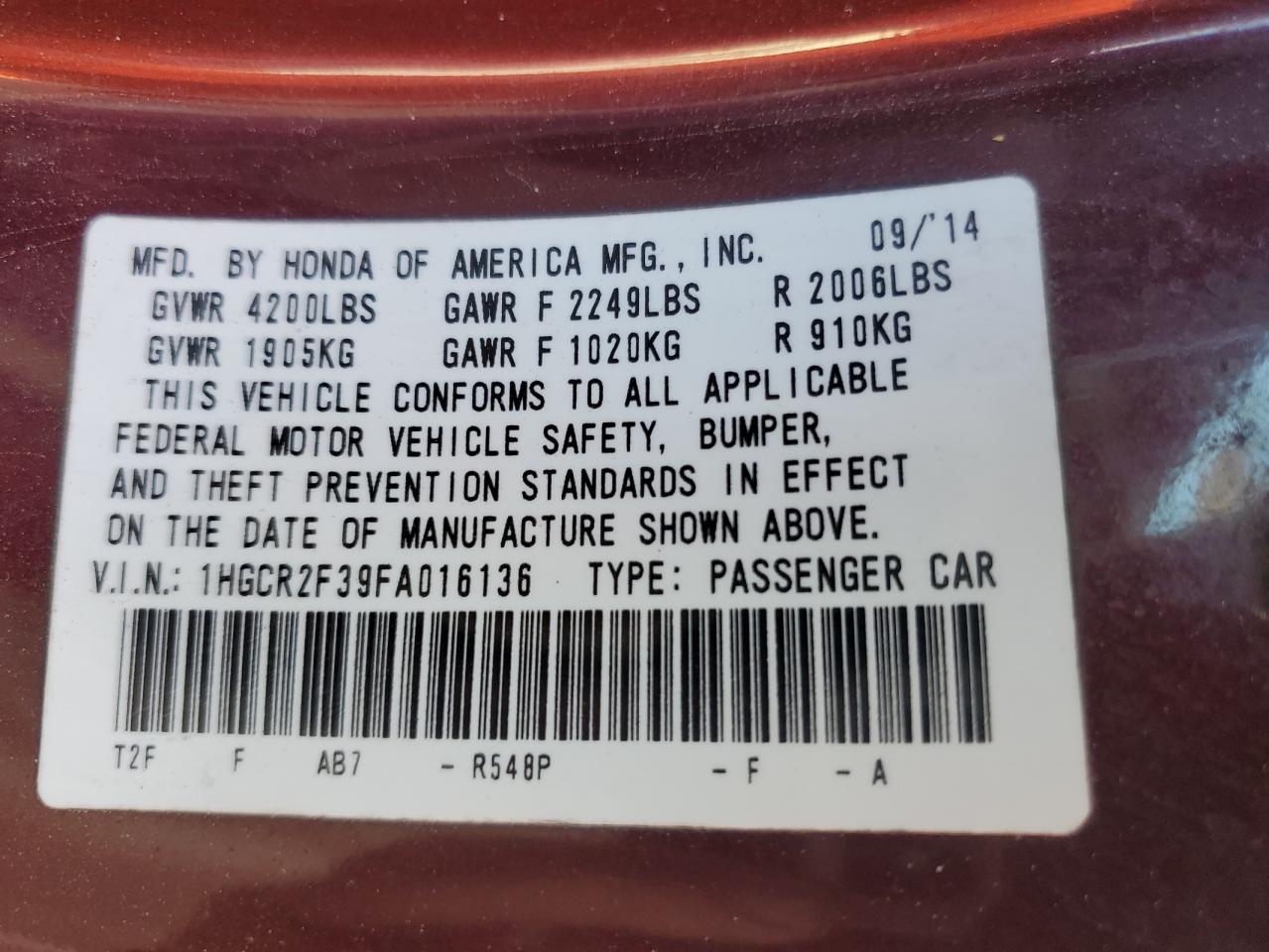 2015 Honda Accord Lx VIN: 1HGCR2F39FA016136 Lot: 81903115