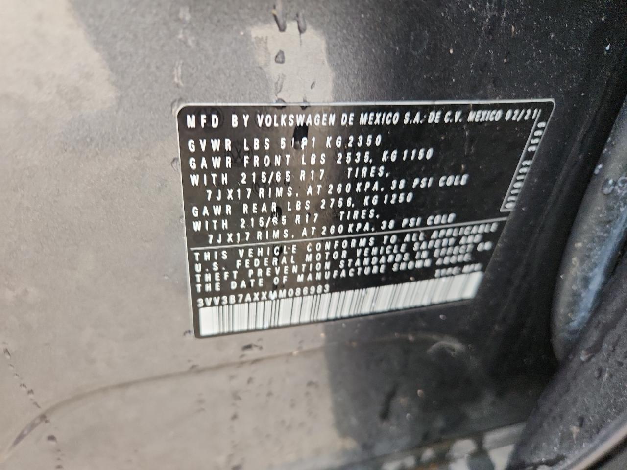 2021 Volkswagen Tiguan Se VIN: 3VV3B7AXXMM086983 Lot: 85858825