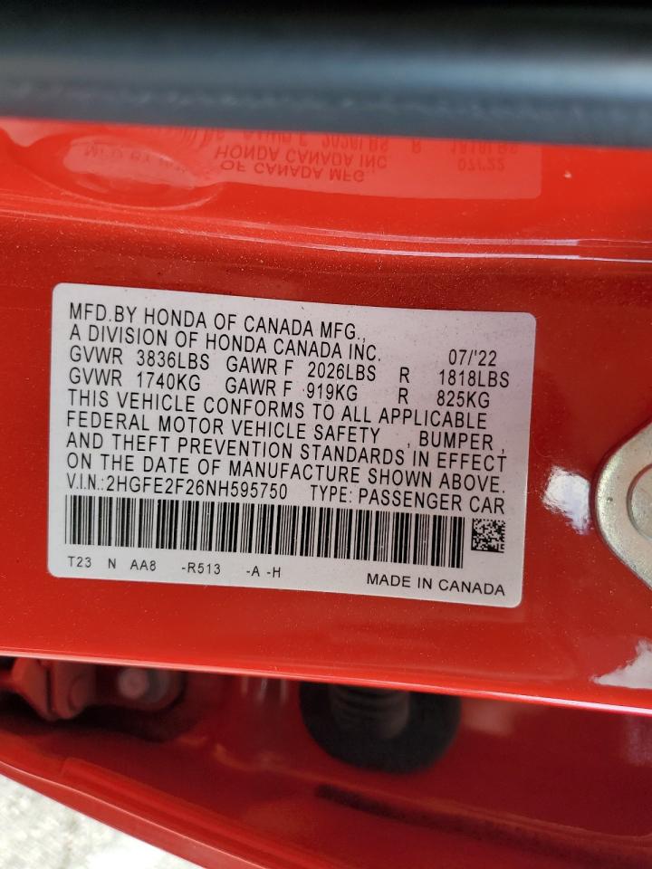 2022 Honda Civic Lx VIN: 2HGFE2F26NH595750 Lot: 85342825