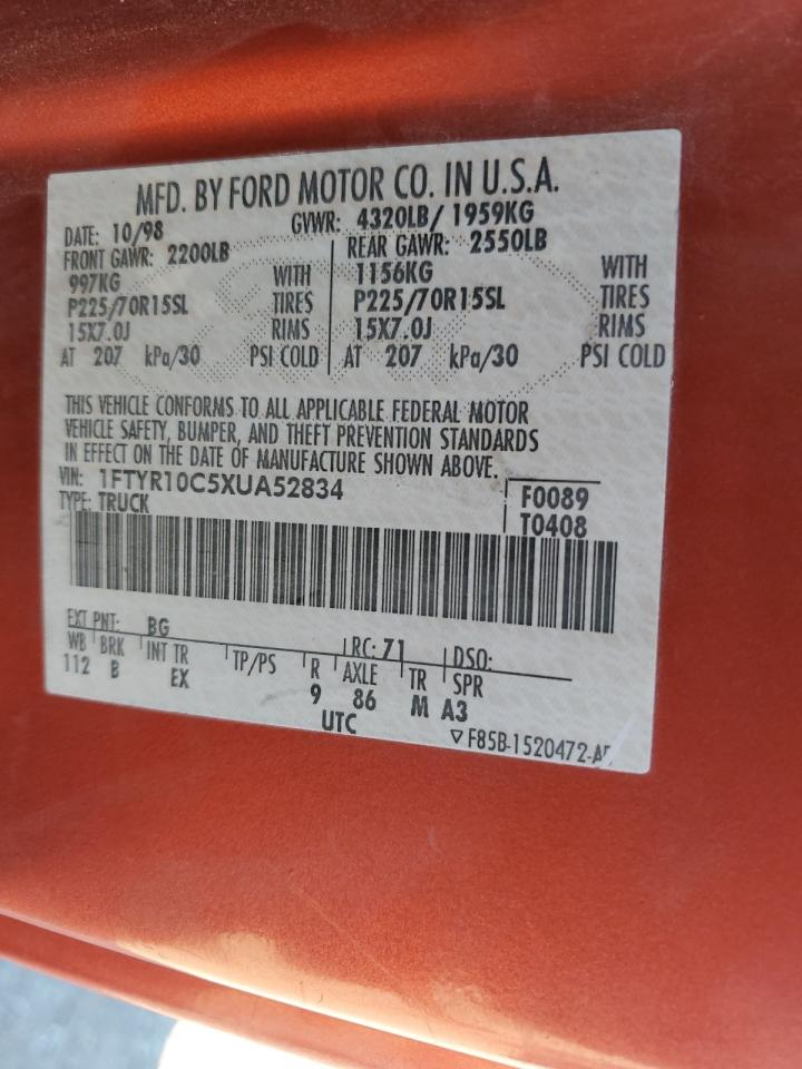 1999 Ford Ranger VIN: 1FTYR10C5XUA52834 Lot: 87482495