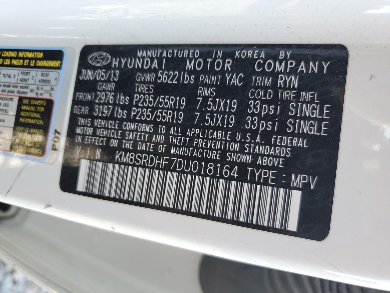 2013 Hyundai Santa Fe Limited VIN: KM8SRDHF7DU018164 Lot: 82423365