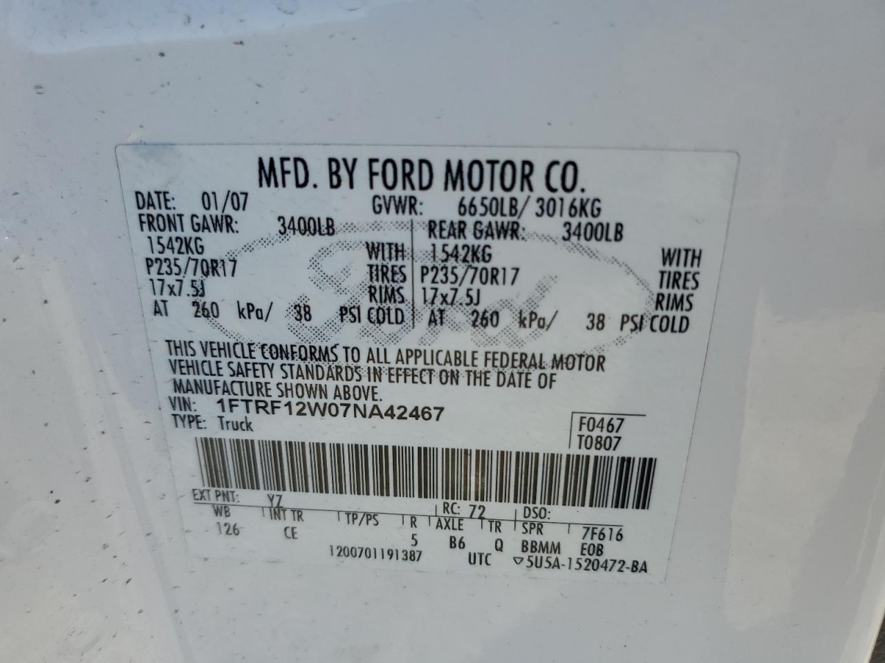 2007 Ford F150 VIN: 1FTRF12W07NA42467 Lot: 89509285