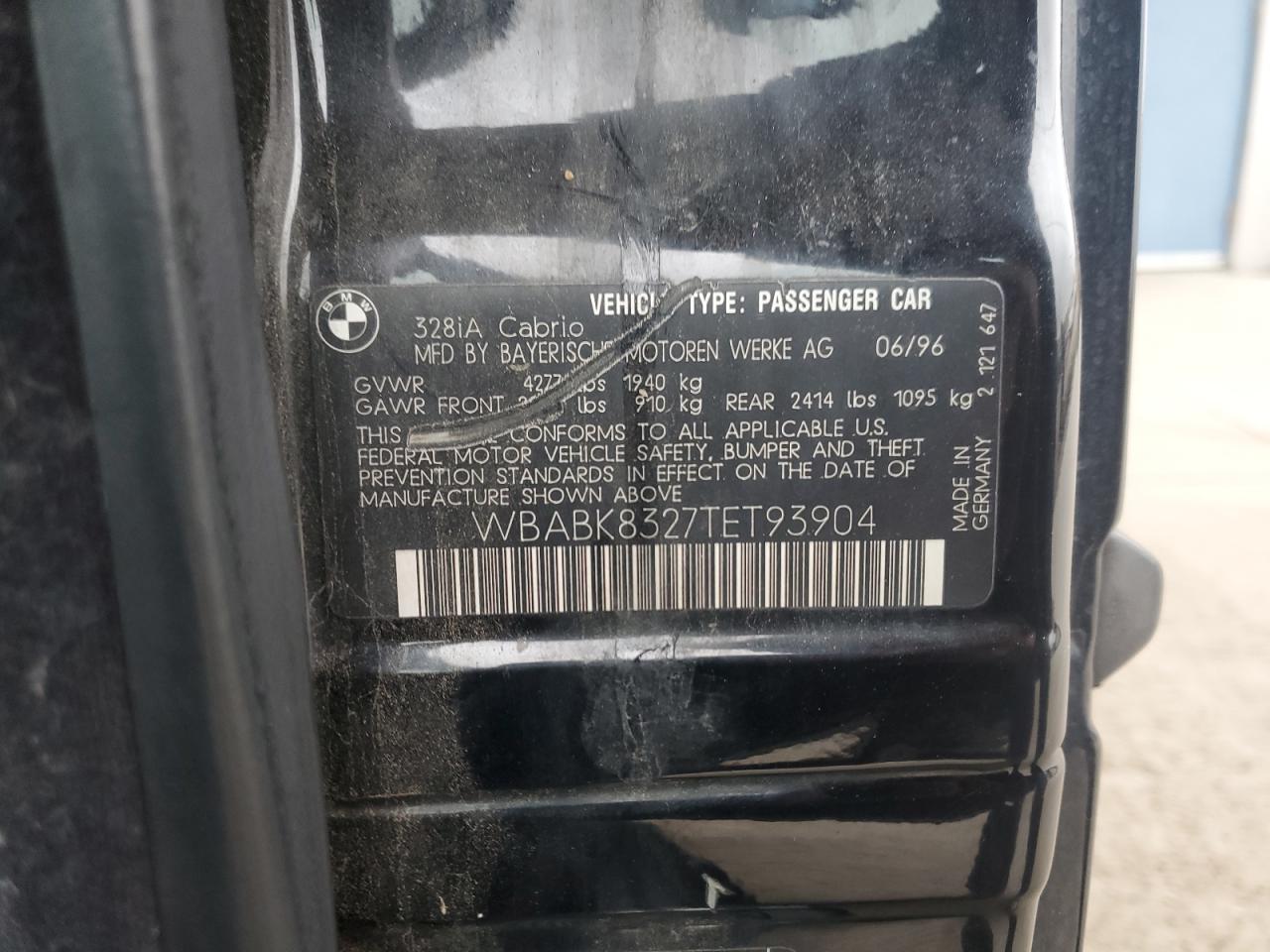 1996 BMW 328 Ic Automatic VIN: WBABK8327TET93904 Lot: 82245325