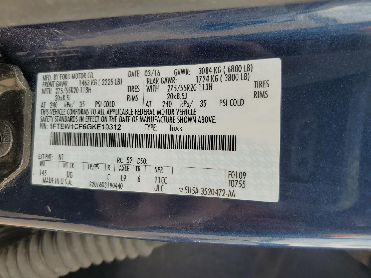 2016 Ford F150 Supercrew VIN: 1FTEW1CF6GKE10312 Lot: 87125585