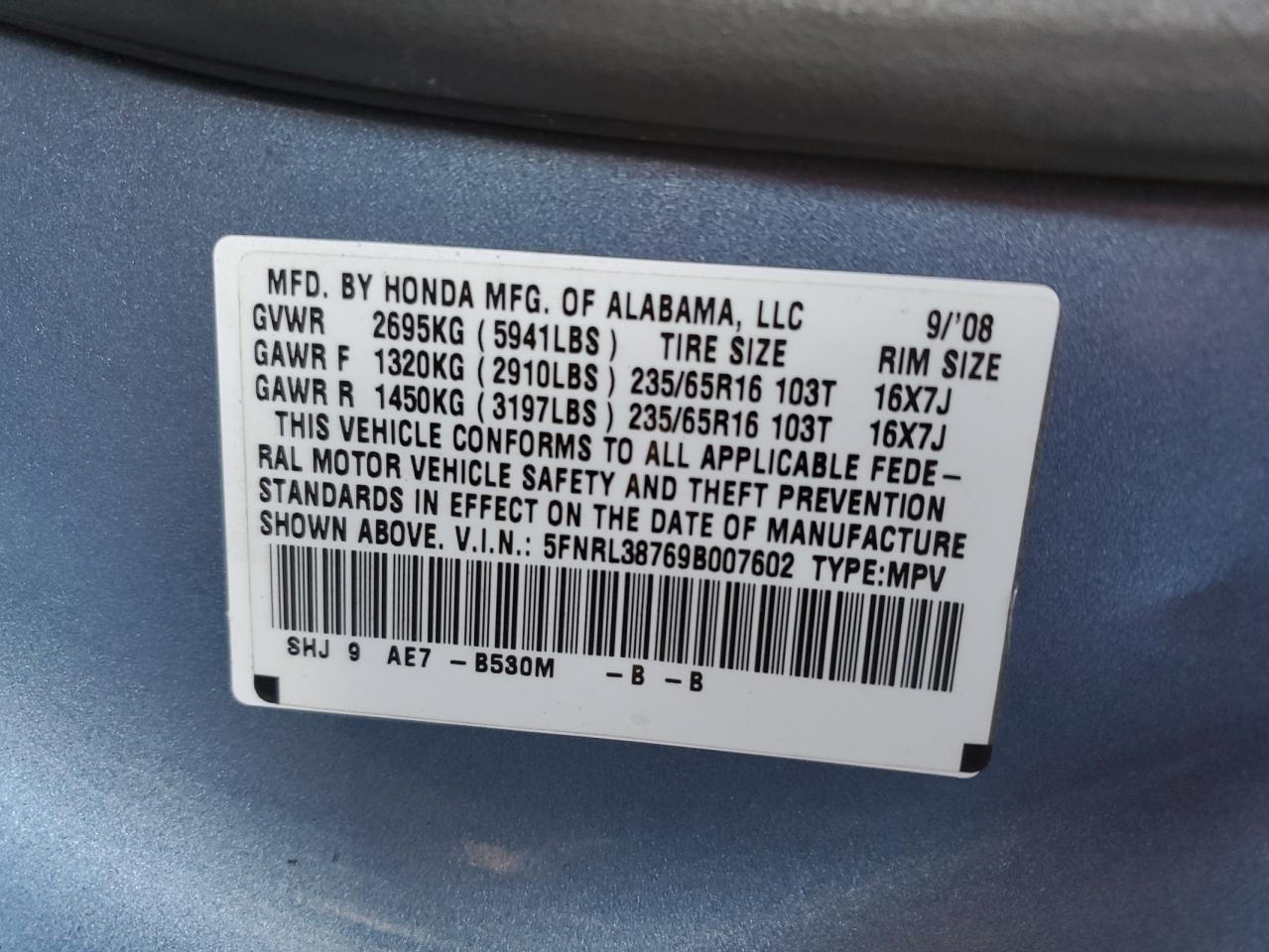 2009 Honda Odyssey Exl VIN: 5FNRL38769B007602 Lot: 80251295