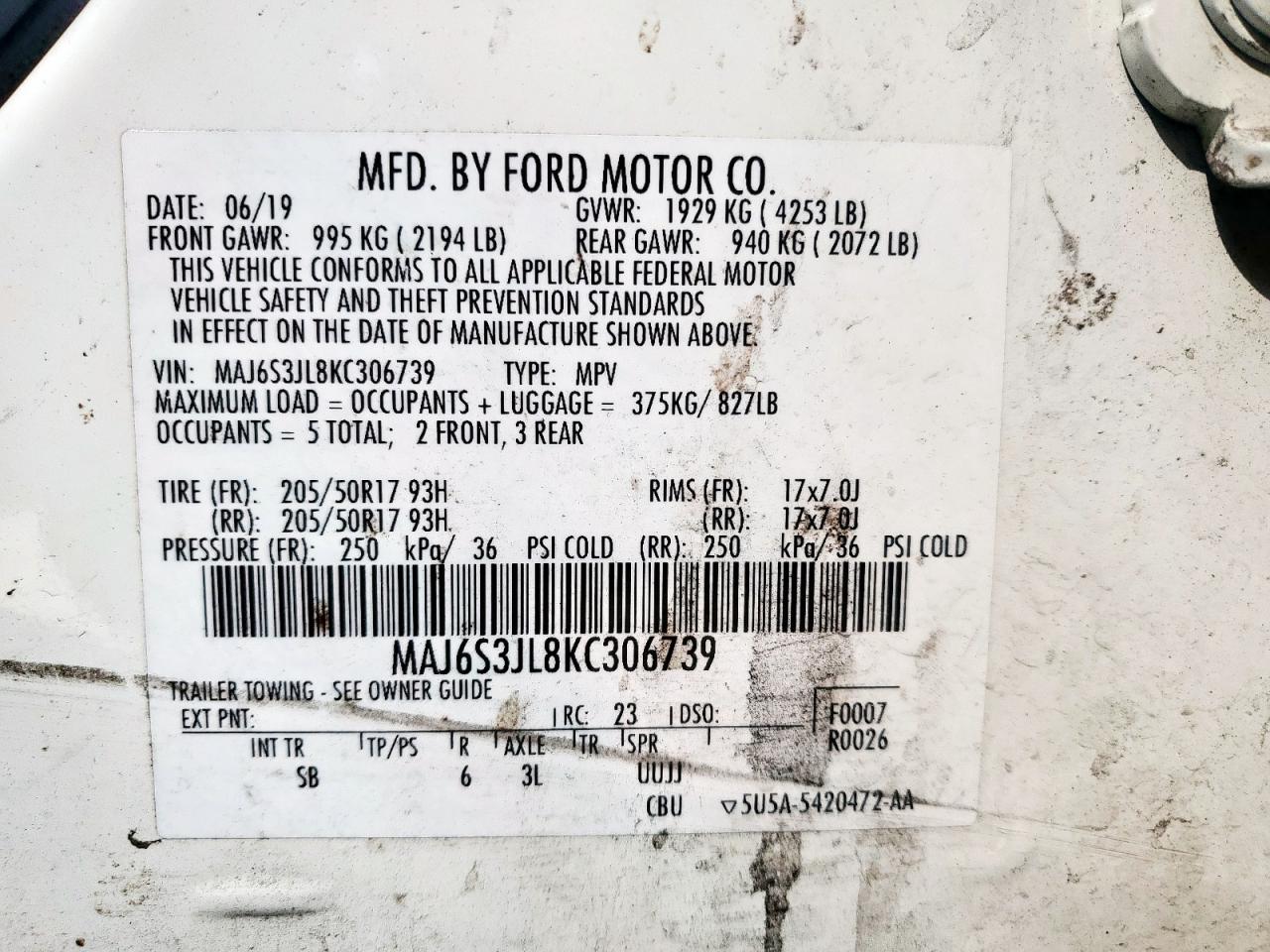 2019 Ford Ecosport Ses VIN: MAJ6S3JL8KC306739 Lot: 84239365